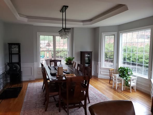 Interior painting dining room gray wainscoting tray ceiling